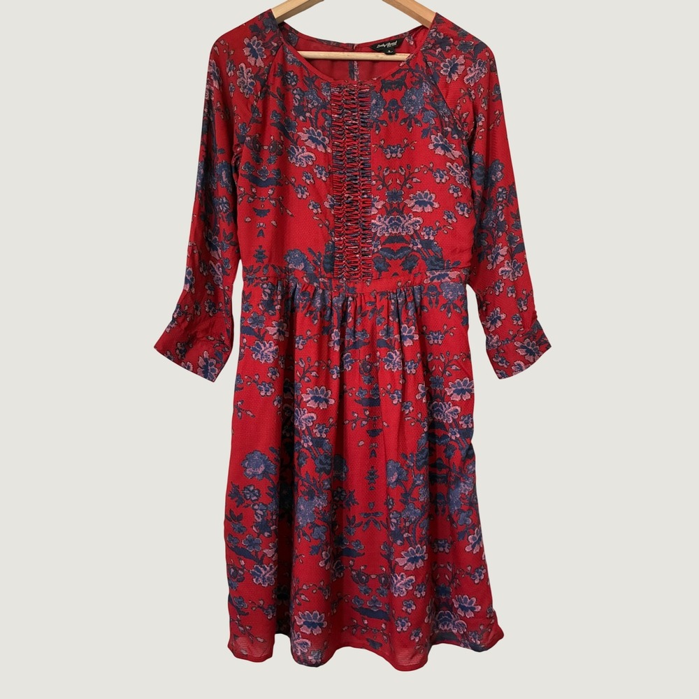 Lucky Brand Fall Red Floral Long Sleeve Mini Dress Smocked Bodice Boho Size S